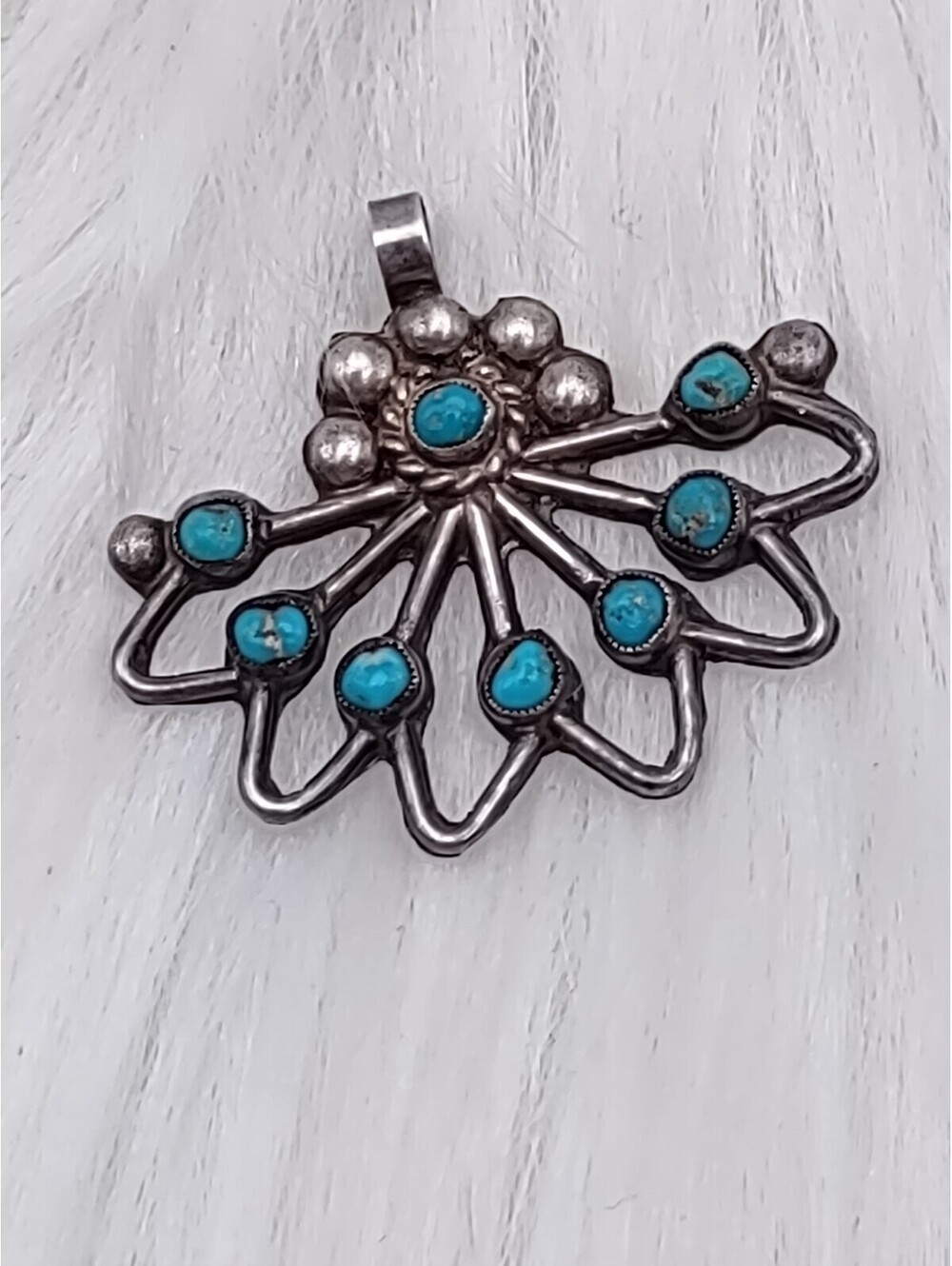 VTG Rue Sterling Silver Turquoise Petit Point Fan Pendant